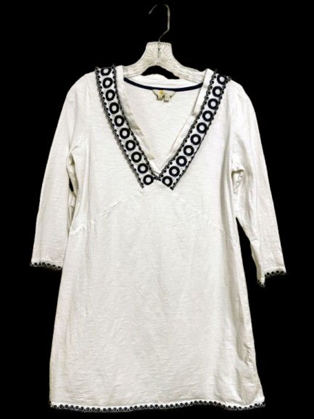BODEN White Rosanna Jersey Tunic/Dress Cotton Blue Embroidered Trim US 8 *FLAW